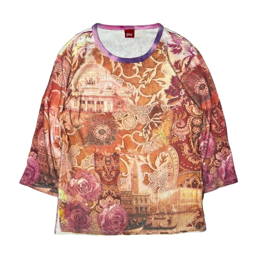 Glima Rose Baroque Venice Graphic Top S Boho Art Print 3/4 Sleeve Shirt